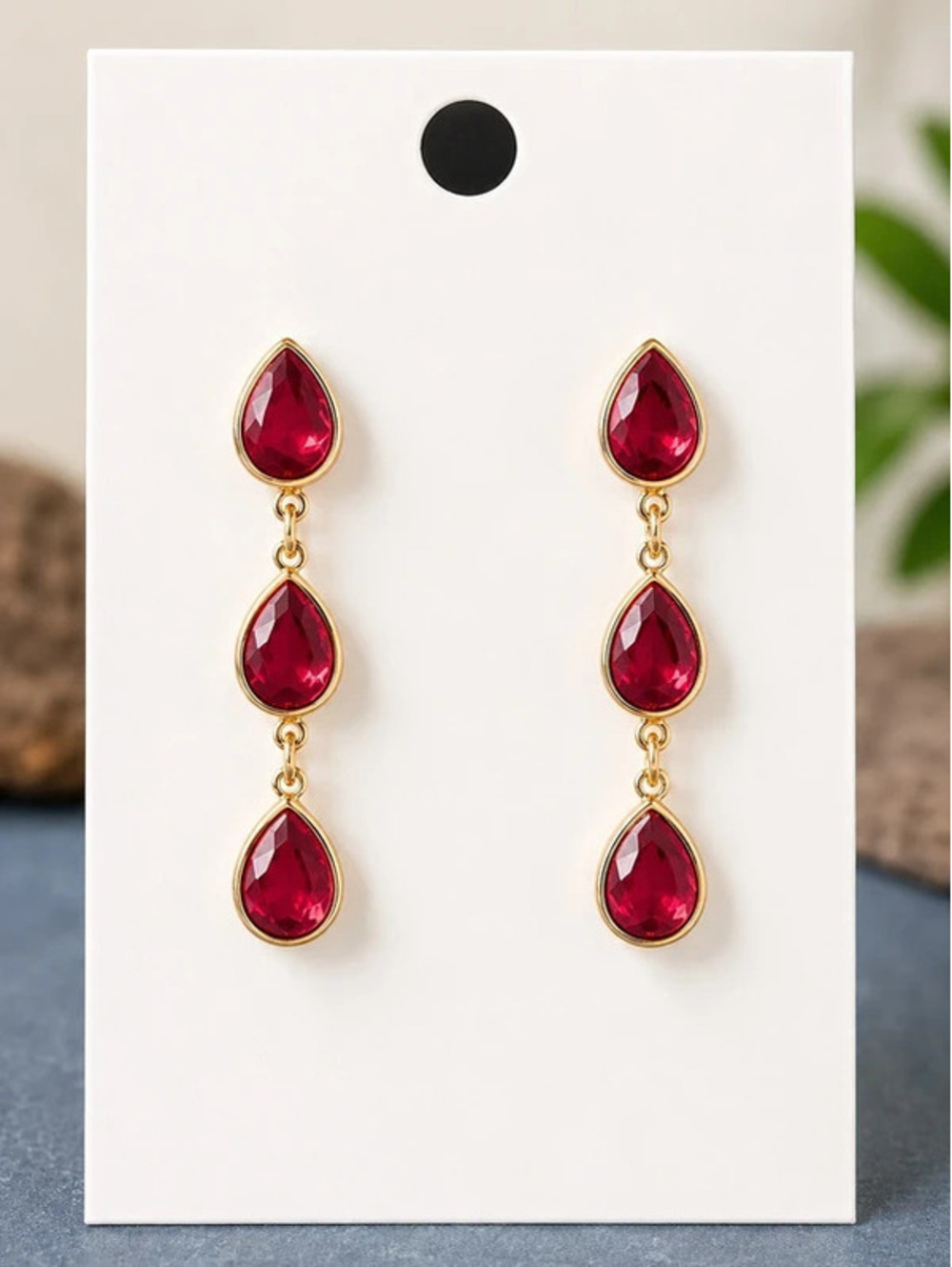 Gold-Tone Triple Teardrop Dangle Earrings with Burgundy Faceted Crystals